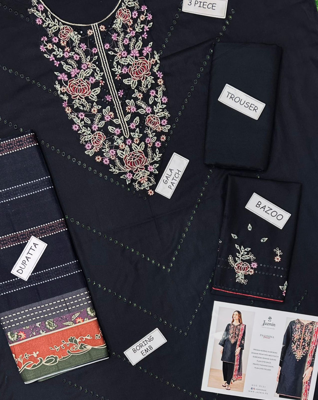 Black embroidered garment with labels indicating 'Patta', 'Bazoo', and 'Trousers' on a dark background.