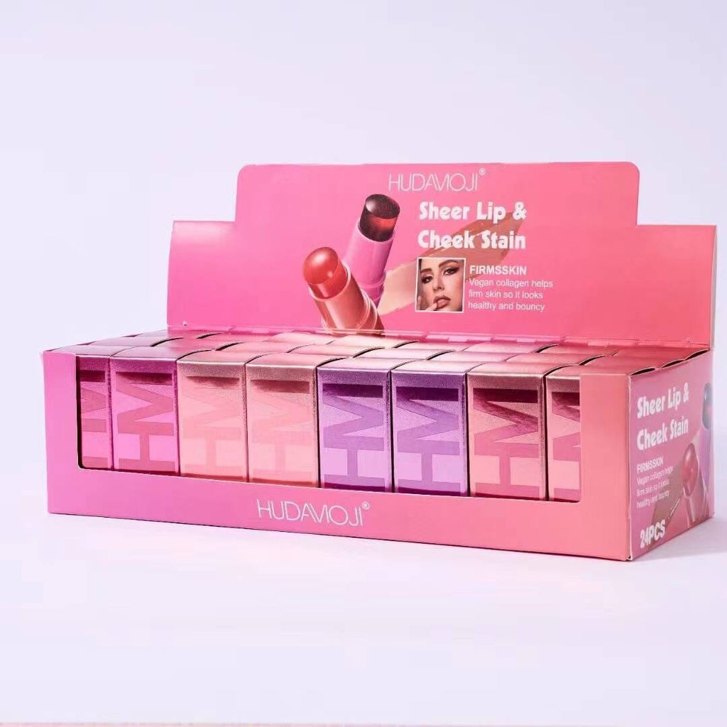 Display box of HUDAMOUR sheer lip and cheek stain with pink packaging.