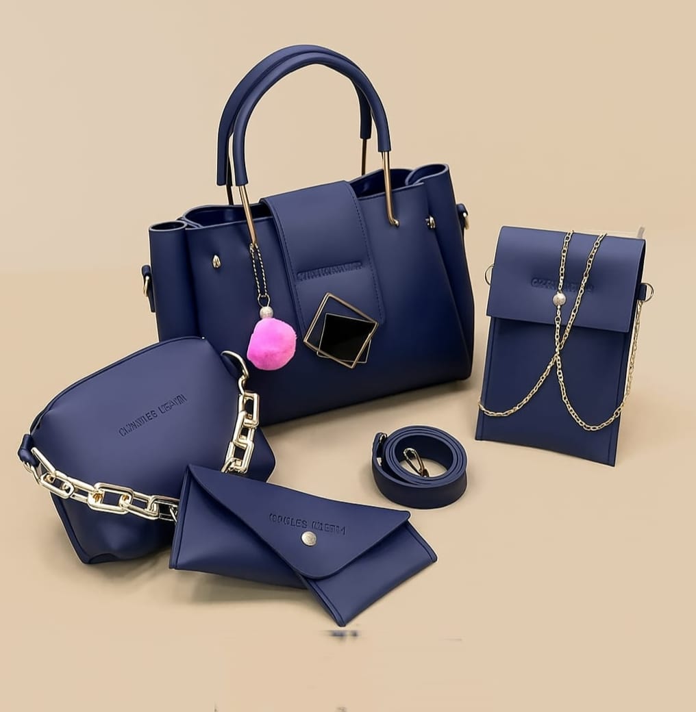 Set of blue handbags and pouches on a light pink background
