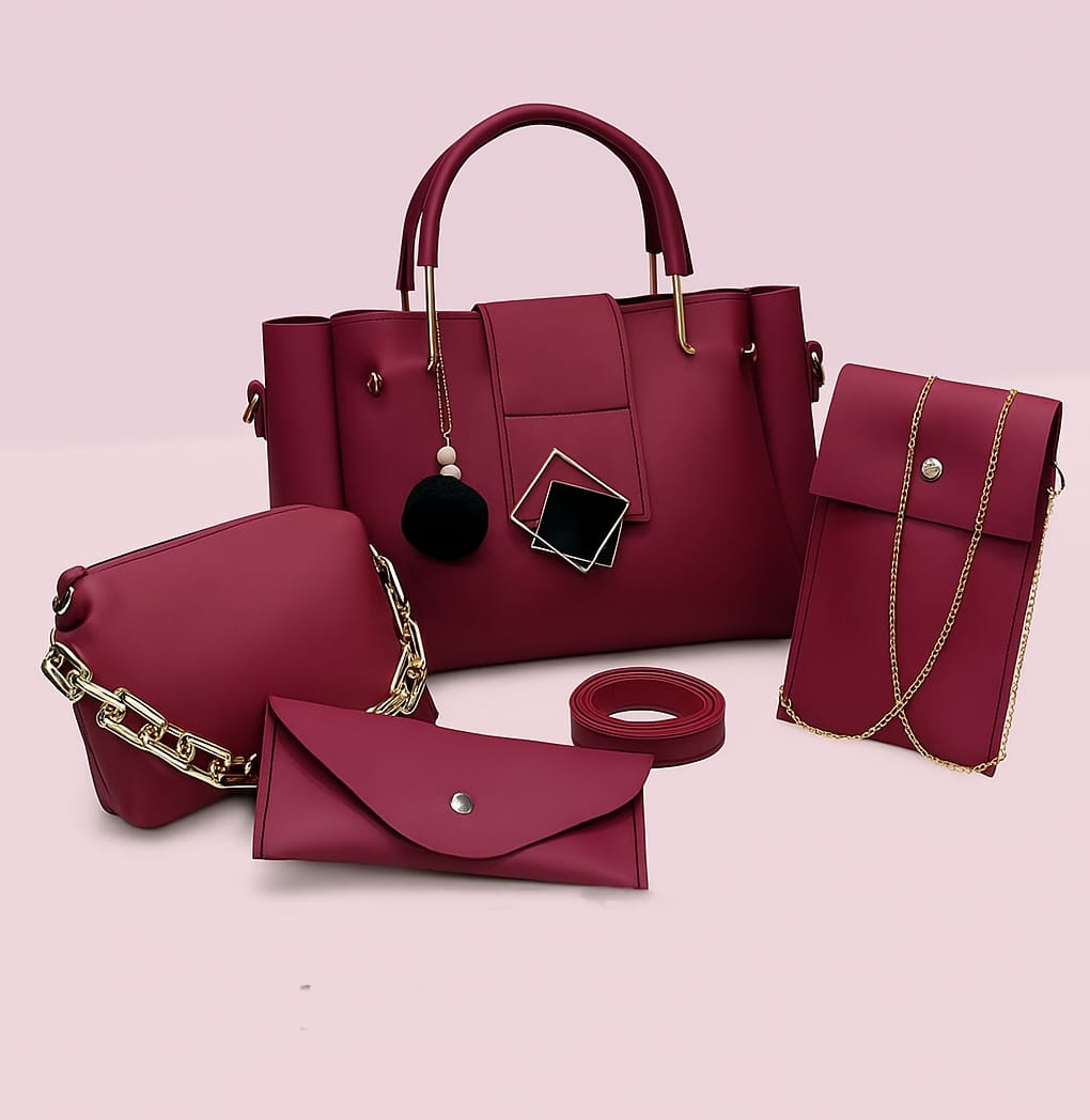 Set of red handbags and pouches on a light pink background