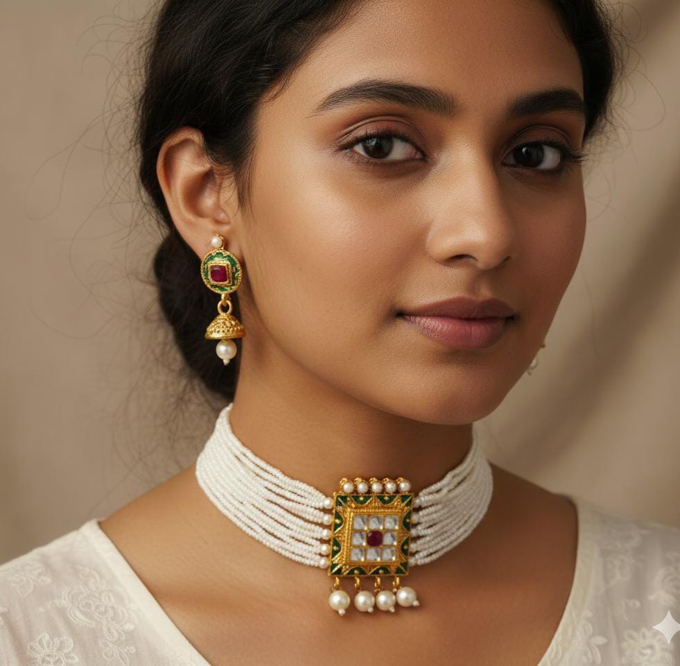 Woman wearing gold and pearl jewelry with a neutral background